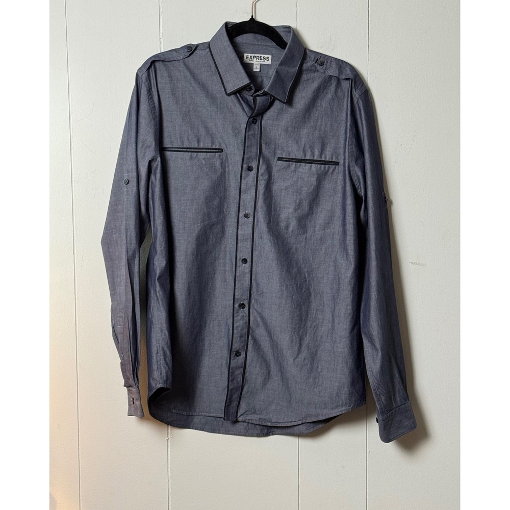 Express Mens Fitted Blue Chambray Button Down Shirt Epaulettes Black Trim Size L